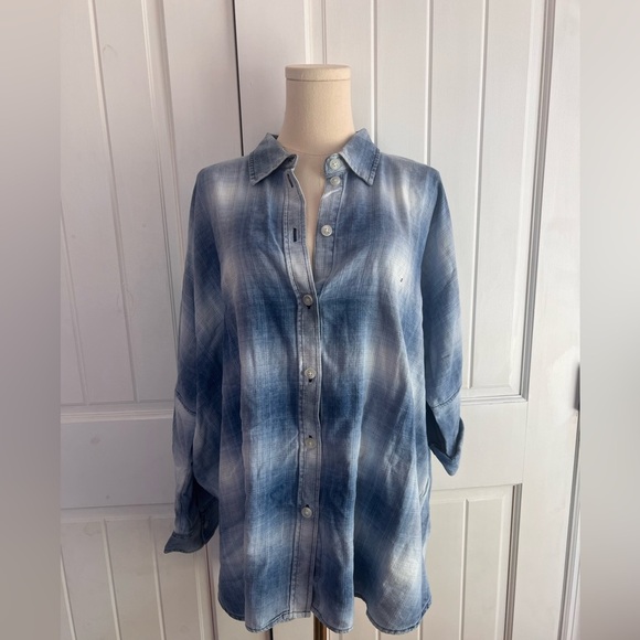 American Eagle Slouchy Button Down Shirt Blue Plaid Size Medium and Small NWT - Picture 1 of 2